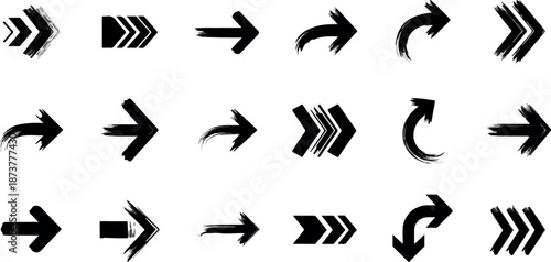 Collection of various black direction arrows on a white background illustrating different directions and movements
