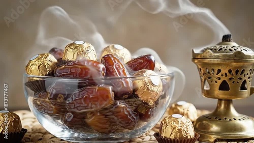Glass Bowl Filled with Various Dates and a Few Metallic Gold Foil-Wrapped Chocolates Resting on a Simple, Woven Straw Mat