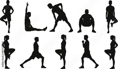Detailed Silhouette Set of Men and Women Performing Fitness Exercises, Dynamic Stretching, Yoga Poses, and Athletic Warm-up Routines for Sports.