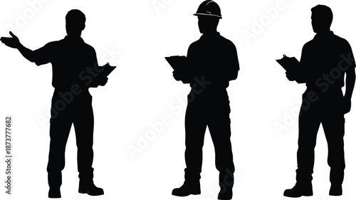 Silhouette of construction worker, foreman, and industrial supervisor holding clipboards while managing project site and pointing toward site operations.