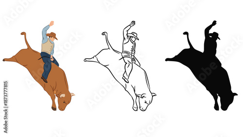 A cowboy riding a bull in different artistic styles and colors.
