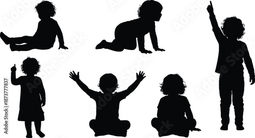 Silhouettes of young children sitting, crawling, pointing, and raising hands, illustrating early childhood development, expression, play behavior, and natural movement in simple black silhouette style
