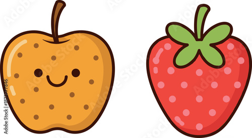 Cute kawaii style orange and strawberry fruit vector characters with smiling faces and dots for kids design stickers