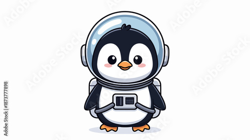 A cartoon penguin in a space suit standing on a white background