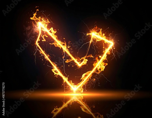 Illuminated heart shape outlined with fiery effect on a black background