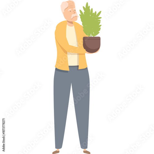 Elderly Man Holding Potted Plant