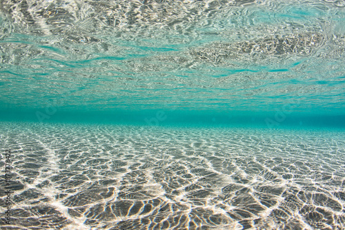Slika na platnu Idyllic underwater abstract view of a shallow beach shoreline with light textured sand and aqua colored water reflecting on the waters surface from below