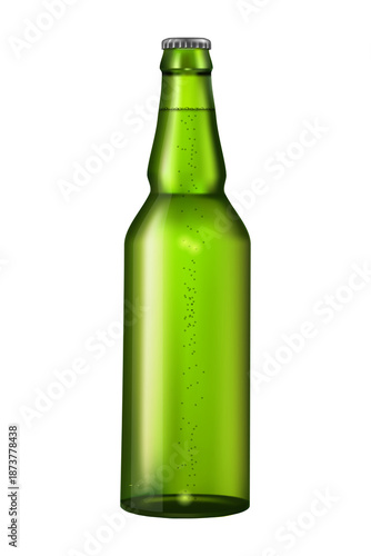 Realistic green glass beer bottle with metal cap and internal bubbles standing isolated, refreshing cold beverage concept for packaging design transparent background