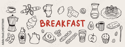 Doodle vector breakfast food and drinks illustration