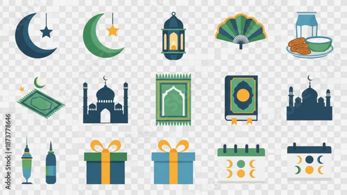 Collection of islamic symbols and elements for ramadan and eid celebrations in blue and green