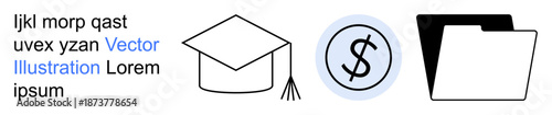 Education, financial planning, savings, file organization, academic success, documentation. Graduation cap, dollar symbol folder icon. Education and financial planning concepts are