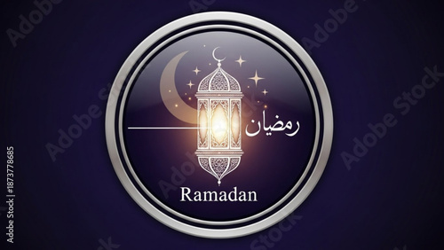 Ramadan lantern illustration with crescent moon and stars in silver circle on dark blue