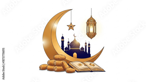 Golden crescent moon with mosque lantern and dates ramadan kareem illustration