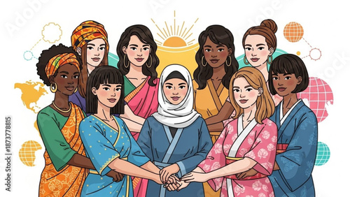 Diverse group of women in traditional clothing holding hands together in a symbol of unity