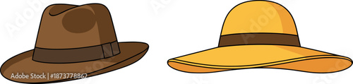 Classic brown felt fedora and yellow wide brim sun hat vector illustration isolated on white background for seasonal fashion design.