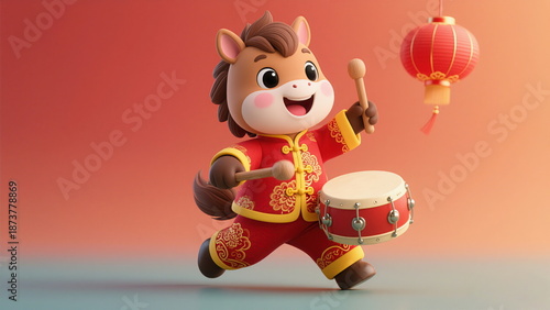 3D Rendered Cute Cartoon Horse Mascot in Traditional Chinese Tang Suit Playing a Drum, Festive Illustration for 2026 Lunar New Year (Year of the Horse)