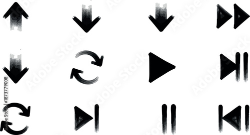 Collection of black media control icons on a white background displayed in a grid layout