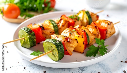 Grilled chicken and vegetable skewers on a white plate with fresh parsley