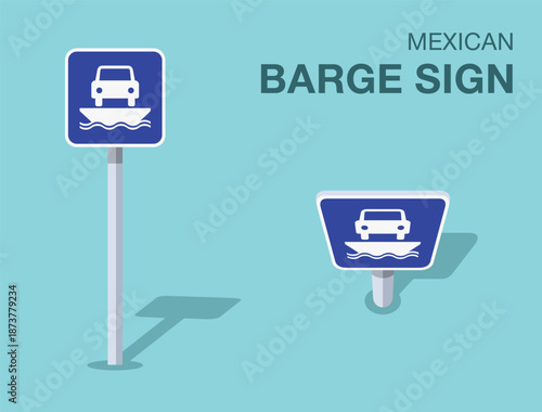 Traffic regulation rules. Isolated mexican "barge" road sign. Front and top view. Flat vector illustration template.