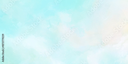 A soft pastel watercolor background featuring light blues and gentle peach hues creates a calming and ethereal atmosphere