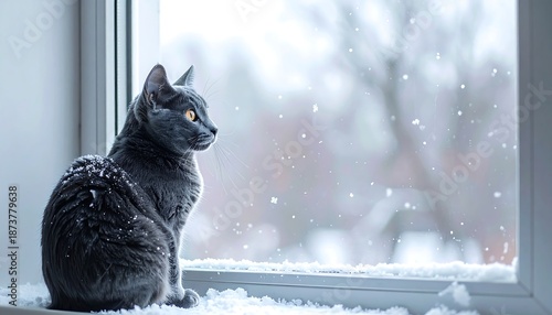 Gray cat sits on windowsill looking outside at a snowy landscape