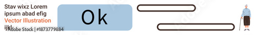 User interface design, data entry, confirmation button, app development, digital forms, web design. Ok button alongside blank text entry fields and a human figure. User interface and data entry
