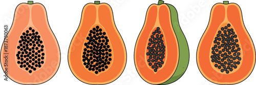 Collection of papaya fruit halves showing various interior shades and black seeds isolated on white background flat vector illustration for tropical nutrition and food.