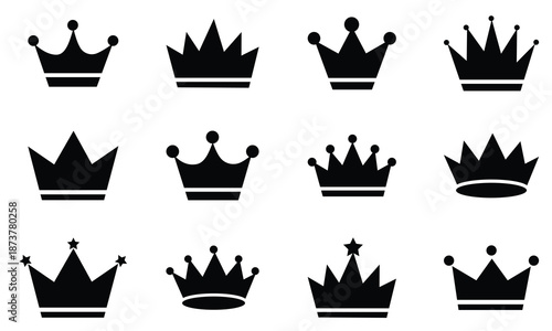 Set of crowns vector. Crown icon symbols set collection. Silhouette of king and queen royal crowns set. Vector illustration.