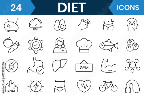 Diet icon collection. Set of 24 outline icons related to diet, nutrition, protein, vitamins symbol. Includes healthy food, fitness, fruits, vegetables, and balanced eating icons.