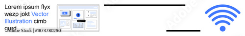Technology services, internet connectivity, wireless communication, online tools, digital solutions, web design. wireless icon next to a user interface layout. Internet connectivity and wireless