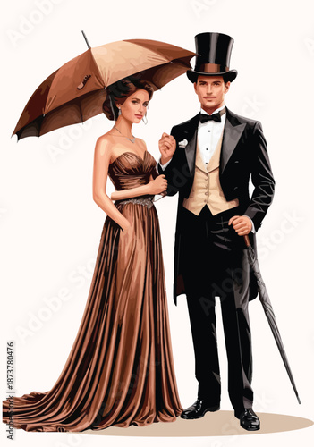 060-21-Elegant couple dressed in formal attire, woman holding an umbrella, man wearing a top hat