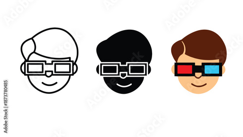 Three cartoon men wearing different types of 3D glasses on white background