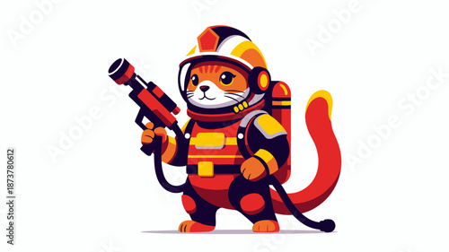 A cartoon cat in a firefighter uniform holding a hose and wearing a helmet stands ready for action.