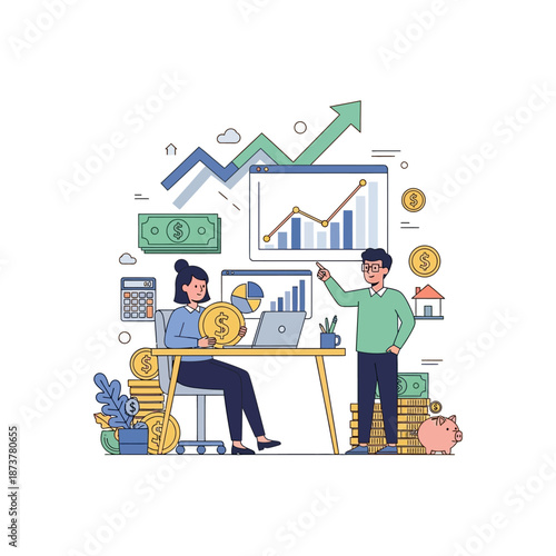 Business professionals collaborating on financial analysis and investment strategies, surrounded by money and growth charts.