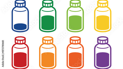 A colorful illustration of eight bottles with different colored liquids