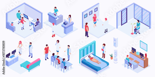 Isometric hospital interior design with doctors patients and medical facilities