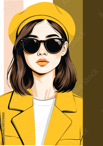 060-26-Cartoon drawing of a fashionable woman in a yellow beret, coat, and sunglasses