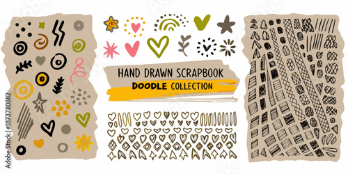 Hand drawn scrapbook doodle collection with various shapes and heart motifs