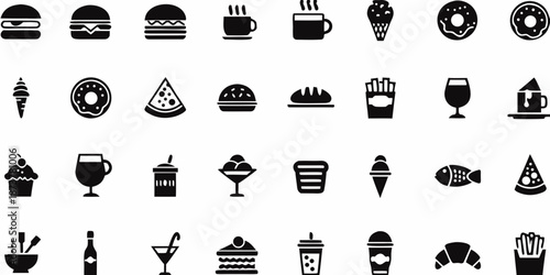 Black and white icons depicting a variety of fast food and dessert items