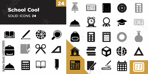 Collection of monochrome school and education related solid icons on a white background