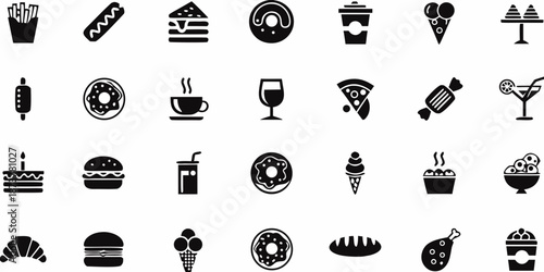 Collection of black silhouette food and drink icons on a white background