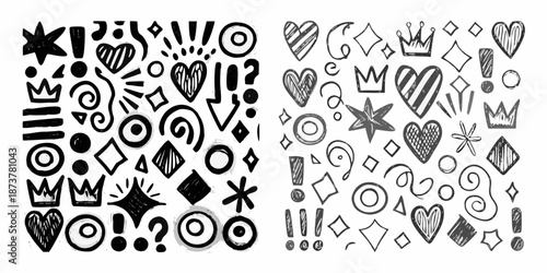 Doodle collection featuring hearts stars crowns and various hand drawn symbols