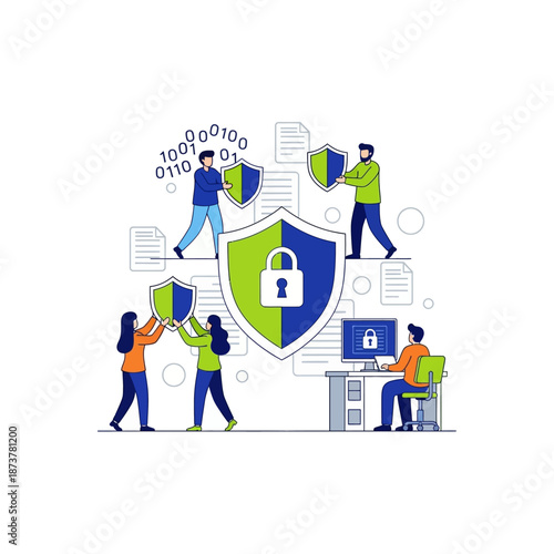 Diverse team of individuals collaboratively securing digital data, documents, and online information using shields and padlocks, emphasizing cybersecurity.