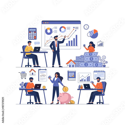 Business professionals engaged in financial analysis, investment planning, and wealth management activities with charts and savings.
