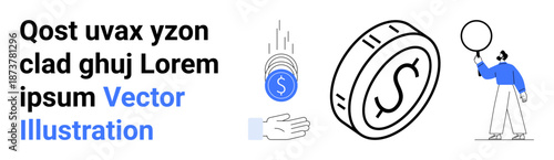 Large falling coin with dollar sign, hand catching smaller coin, person holding balloon. Ideal for finance, investment, savings, charity, motion, success simple landing page