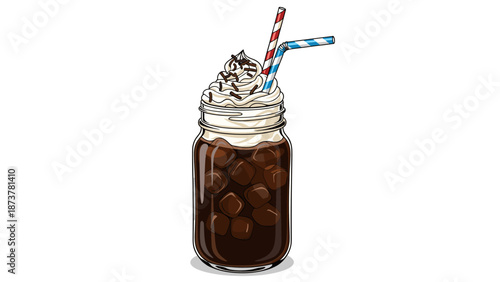 Iced Coffee Delight - Refreshing Drink with Whipped Cream Illustration