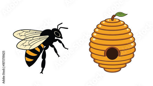 A buzzing bee flies towards a golden honeycomb charming silhouette