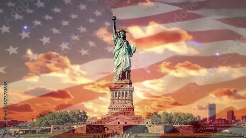 Statue of Liberty with Waving USA Flag and Sparkling Particles at Sunset