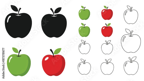 Various apple illustrations displaying different colors and a black silhouette