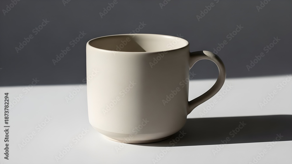 Obraz premium Minimalist ceramic mug with handle casting a long shadow on white surface